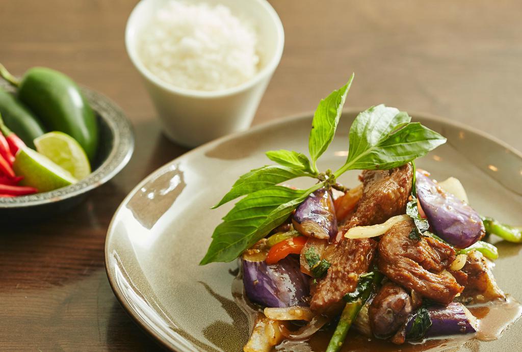 Vegetarian Basil Mock Duck · Spicy. Sautéed eggplant, onion, chili & bell pepper.