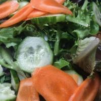 Small Mixed Green Salad · Baby mixed greens, cucumbers, pickled carrots, balsamic vinaigrette