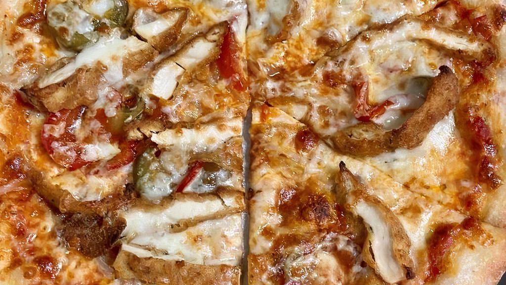 Hot-Cha-Cha · Red base, crispy chicken, cherry peppers, mozzarella, caramelized onions