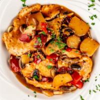 Chicken Giambotta · Peppers, mushrooms, potatoes, sausage, garlic, wine and fresh herbs.