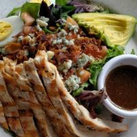 Composed Cobb Salad · Grilled chicken, baby greens, hard-boiled egg, tomato, bacon, blue cheese, avocado and balsa...