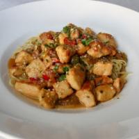 Chicken Scarpariello · Spicy. Diced chicken breast, cherry peppers, caramelized onions, fresh garlic, asiago cheese...