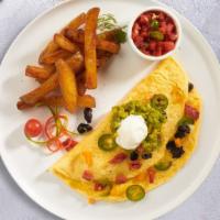 Early Fiesta Omelette · Eggs cooked as an omelette with bacon, avocado, pepper jack cheese. Served with salsa, home ...