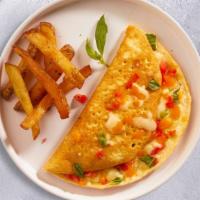 Merry Margherita Omelette · Eggs cooked as an omelette with diced tomatoes & basil cooked with loaded cheese. Served wit...