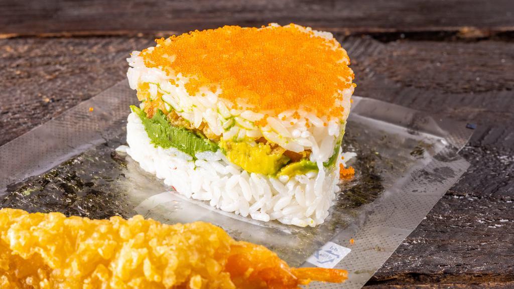 Shrimp Tempura Rice Ball · JuJu Cafe and Deli favorite: Shrimp tempura, avocado, spicy mayo, and masago.