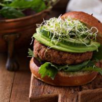 Black Bean Burger · Delicious Burger topped with Tomato, arugula, basil aioli, avocado, and pickled red onions o...