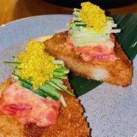 Spicy Tuna Crispy Rice (2 Pcs) · Spicy tuna and wasabi aioli over sushi crispy rice