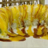 Mango Roll · Inside: shrimp tempura, eel, cucumber, and avocado. Outside: mango.