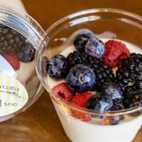 Greek Yogurt Panna Cotta · Fage yogurt, sugar, heavy cream, honey, vanilla, gelatin, fresh berries.