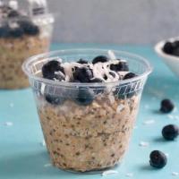 Blueberry Coconut Overnight Oats · oats, unsweetened almond milk, blueberries, coconut, cinnamon, maple syrup , chia seeds