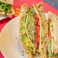 #1 Sandwich - Avocado · Avocado with cheddar, tomato, sprouts,. cucumber and spicy mayo on light multigrain bread.