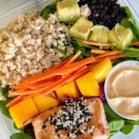 Ps - Salmon & Mango Salad · roasted salmon, sesame seeds, quinoa, mango, brown rice, currants, shredded carrots,red cabb...