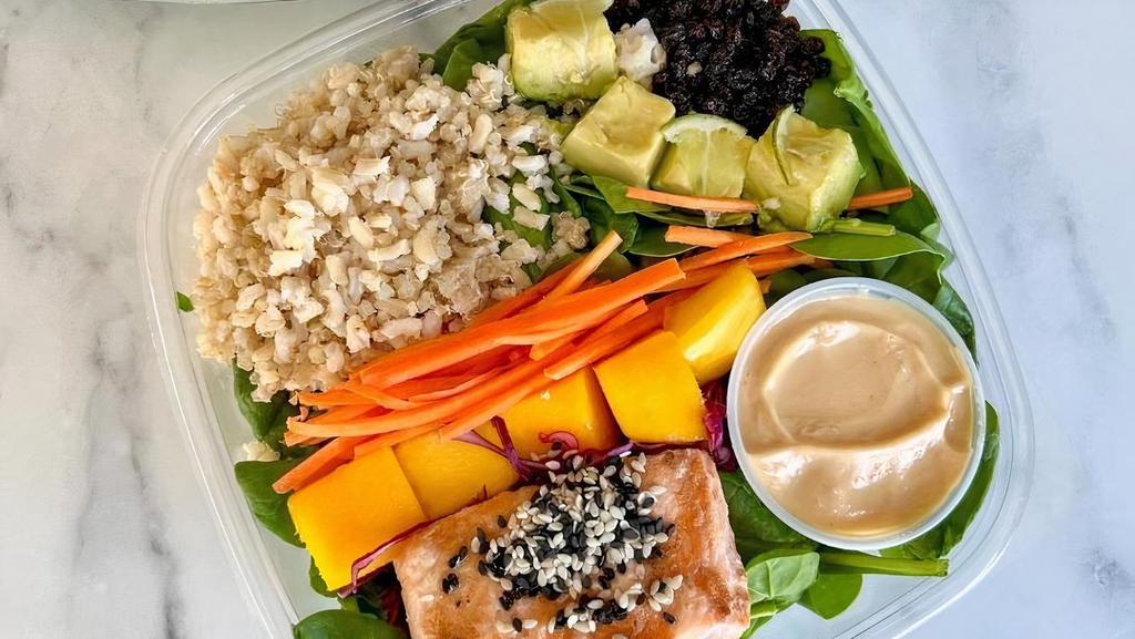 Ps - Salmon & Mango Salad · roasted salmon, sesame seeds, quinoa, mango, brown rice, currants, shredded carrots,red cabbage, avocado, spinach, soy miso vinaigrette(egg yolk, ginger, garlic, soy, lime juice, rice wine, shiracha, miso paste, oil, honey)