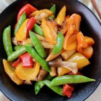 Asian Vegetables Side · snap peas, red peppers, yelloow peppers, mushrooms, baby corn, olive oil, hoisin sauce (ferm...