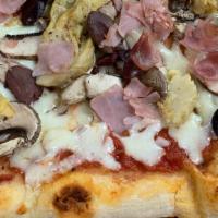 Capricciosa · Fresh mozzarella, tomato sauce, artichokes, mushrooms, Italian ham olives. / Slice 5.