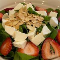 Spinach Salad · Baby spinach, fresh mozzarella, strawberry and toasted almonds.