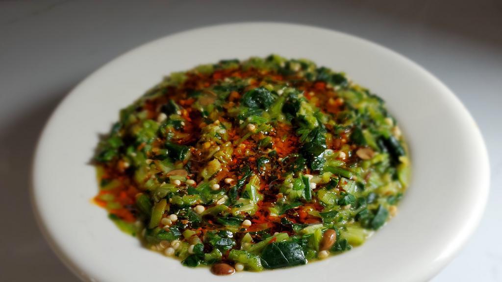 Okra Spinach Dumbo (Vegan) · Chopped okra  and spinach cooked with torch of spice and flavor. Remember to choose a side Dish if you like one.