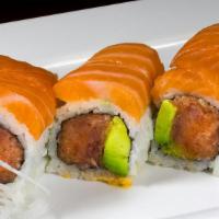 Pink Lady Roll · Most popular. Spicy tuna and crunchy and avocado inside, topped with fresh cut salmon.