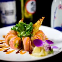 Osaka Roll · Shrimp tempura, spicy tuna, avocado inside and wrapped with soy bean.