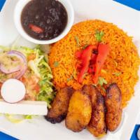 Arroz Con Pollo · Shredded chicken, sofrito, yellow rice, sweet plantains, and salad.