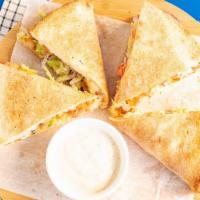 Pizza Club · Pizza sandwich with chicken cutlet, bacon, lettuce, tomato, cucumber, peppers, onions.