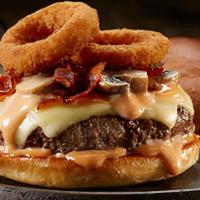 Smoke House · Bacon, Swiss cheese, bbq sauce topped with onion rings.