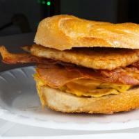 Hangover Cure Breakfast Sandwich · Pork roll, bacon, egg, cheese and hash browns.