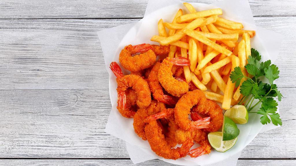 Fried Shrimp, Fries, Drink · Crispy shrimp with golden.