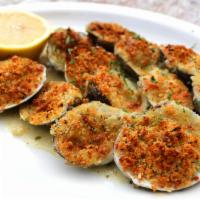 Baked Clams · Little neck clams stuffed with out house seasoned bread crumbs topped with Romano cheese bak...