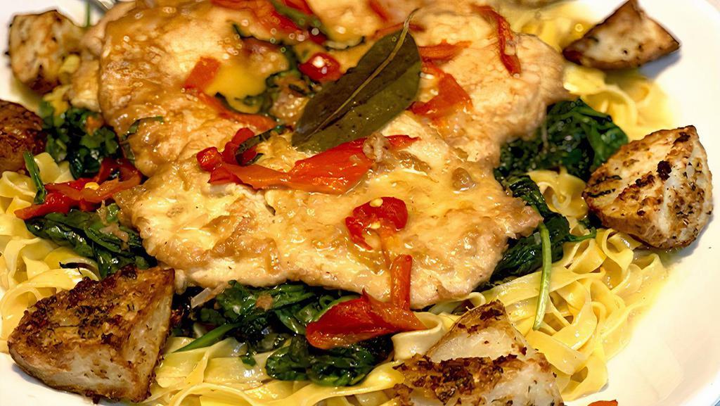 Chicken Française  · flour-dredged, egg-dipped, sautéed chicken cutlets with a lemon-butter and white wine sauce. Optional: serve over pasta: Linguine or penne.