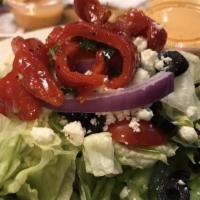 Greek Salad · Baby greens, grape tomatoes, cucumbers, red peppers, stuffed grape leaves, kalamata olives, ...
