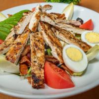 Cobb Salad · Grilled chicken, iceberg lettuce, olives, tomatoes, avocado, gorgonzola, hard-boiled egg and...