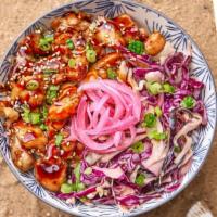  Hawaiian Bbq Chicken · Marinated teriyaki chicken over cucumbers, cabbage slaw, and your choice of base and salad