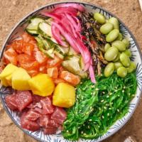 Mohana Ahi Tuna Bowl  · Tuna with edamame, jicama, pickled onions, hijiki, scallions, sesame seeds and Citrus Shoyu ...