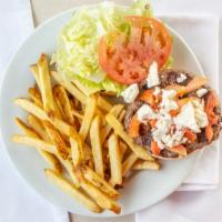1/2 Lb Greek Burger · Burger with lettuce, tomato and crumbled feta cheese. Served with tzatziki sauce and include...