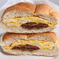 Turkey Bacon Egg And Cheese Sandwich · Fried egg with turkey bacon on a roll.