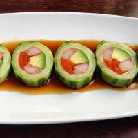 Naruto Maki · Crab meat, avocado and flying fish roe wrapped with cucumber.