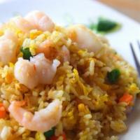 Shrimp Fried Rice · Fried rice with grill shrimp, egg, onion, carrot, and scallion.
