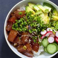 Ahi Tuna Poke · Fresh spicy cubed tuna, seaweed, mix nuts, avocado, cucumber, spicy mayo, and sesame.
(Aller...