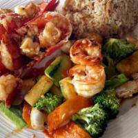 Lobster Tails Hibachi · Two 5 oz. cold water lobster tails.