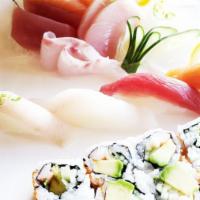 Sushi Sashimi Combo · Five pcs nigiri sushi, nine pcs sashimi, California roll.