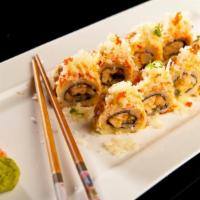 Omg Roll · Spicy rock shrimp and mango topped with spicy crab and crunchy lobster with special sauce.