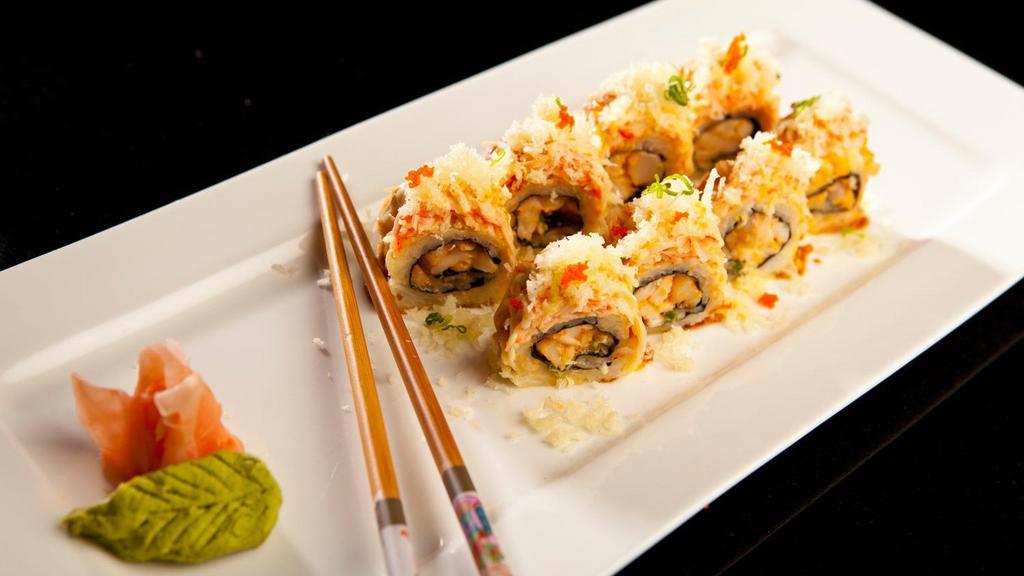 Omg Roll · Spicy rock shrimp and mango topped with spicy crab and crunchy lobster with special sauce.