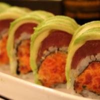 Tuna Hana Roll · Crunch spicy tuna roll topped with slices layer of tuna and another layer of avocado.