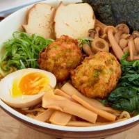 Edamame Falafel(Vege) · Healthy vegetable ramen. Light soy sauce base broth with mushrooms, tofu, spinach, egg, scal...