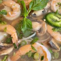 Shrimp & Mushroooms Pho · Chicken broth with rice noodles, shrimp and mushrooms. Garnished with onions, cilantro, gree...