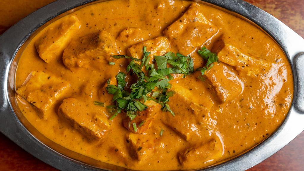 Shahi Paneer · Our homemade cheese cubes in a mildly spiced tomato and cream sauce.