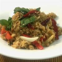 Spicy Basil Fried Rice · Soy sauce, gluten, wheat. Spicy fried rice / basil sauce / basil leaves / onion / egg / fres...