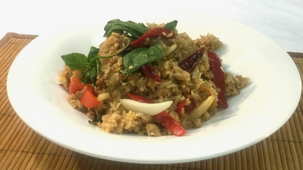 Spicy Basil Fried Rice · Soy sauce, gluten, wheat. Spicy fried rice / basil sauce / basil leaves / onion / egg / fresh bell pepper 
Choice of; tofu, veg, chicken, beef or shrimp (only shrimp add $2.00)
