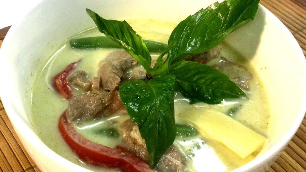 Green Curry · Mild Spicy. Green curry / coconut milk / string beans / bell pepper / bamboo shoots / basil leaves